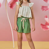 Conjunto Niña Lino Rayado Verde con Short Cintura Ajustable
