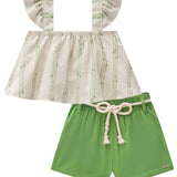 Conjunto Niña Lino Rayado Verde con Short Cintura Ajustable