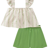 Conjunto Niña Lino Rayado Verde con Short Cintura Ajustable