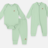 Ajuar 3 piezas Algodón Menta – Body, pantalón y enterito