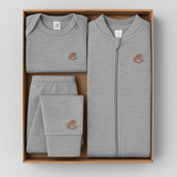 Ajuar Bebé 100% Algodón Gris – Body, Panties y Enterito