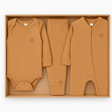 Ajuar para Bebé 3 Piezas Algodón Camel – Body, Pantalón y Enterito