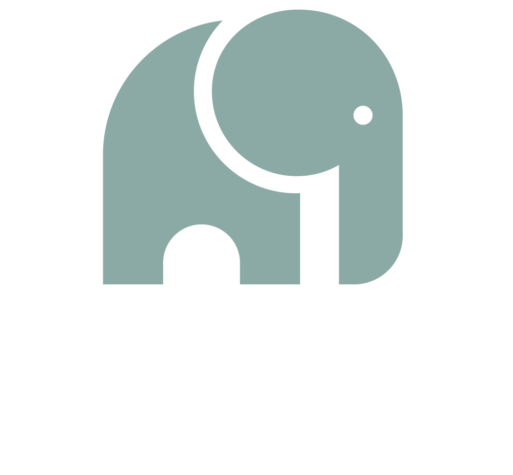 Logotipo principal de la marca con elefante y nombre en blanco